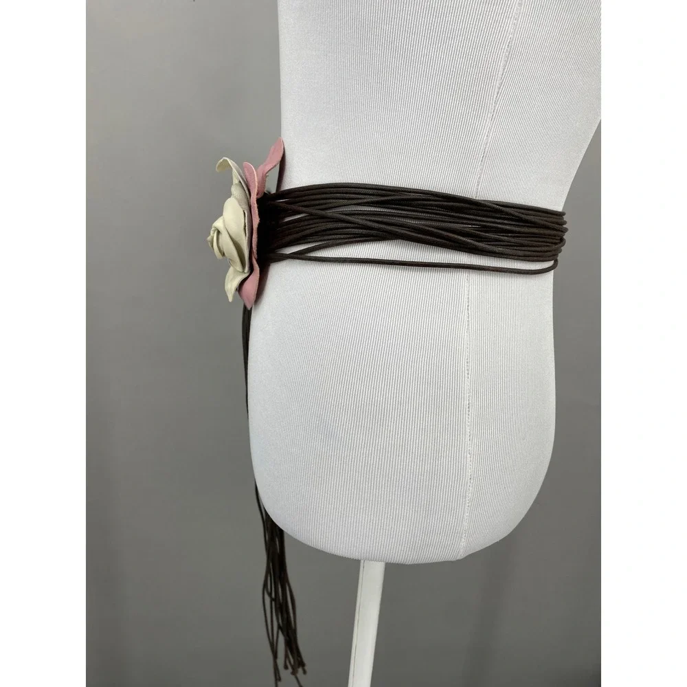 Y2K LC Leather Petal Flower Cord Wrap Belt O/S Pink Boho Floral Brown Cord Rose